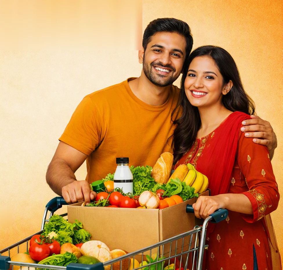 A smiling couple with a shopping trolley full of fresh vegetables, bread, milk and bananas