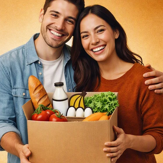 A smiling couple with a box of groceries