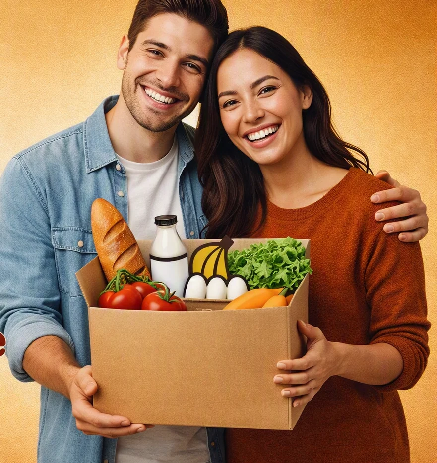 A smiling couple holding a cardboard box of groceries: bread, milk, bananas, tomatoes and lettuce